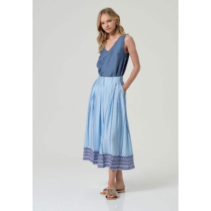 FALDA MIDI BORDADA AZUL